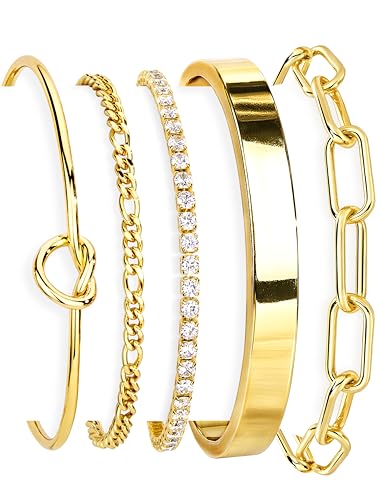 Gokeey Women's 14K Gold Plated Stackable Cuff Bracelet Set