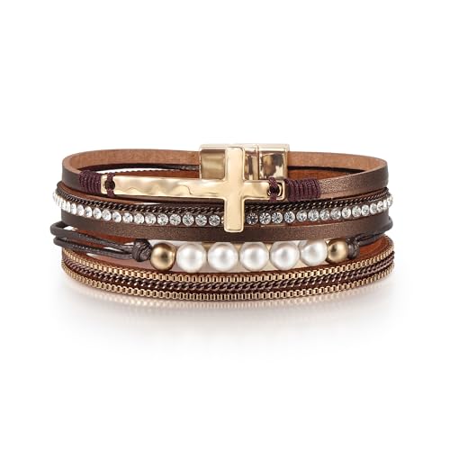 Edoneery Women's Boho Leather Layered Cuff Wrap Bracelet 19.5cm
