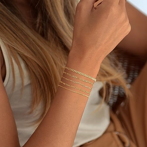 DEARMAY Women's 14K Gold Plated Chain Bracelet Set