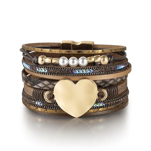 Edoneery Women's Boho Leather Layered Cuff Wrap Bracelet 19.5cm