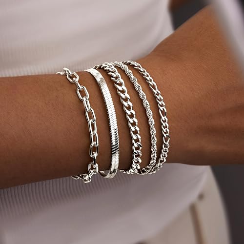 Poxtex Women's 14K Gold Plated Stackable Link Bracelet Set