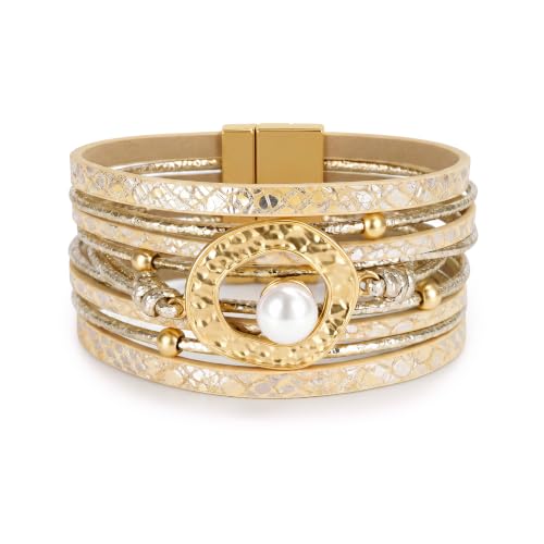 Edoneery Women's Boho Leather Layered Cuff Wrap Bracelet 19.5cm