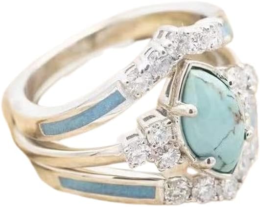 Pingyongchang Women's Natural Turquoise Diamond Ring Set
