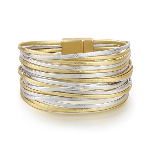 Edoneery Women's Boho Leather Layered Cuff Wrap Bracelet 19.5cm