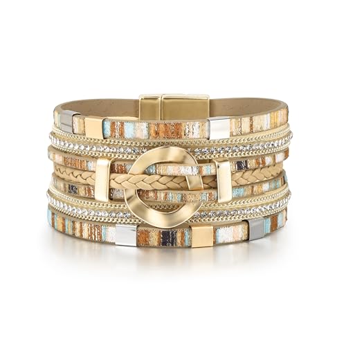 Edoneery Women's Boho Leather Layered Cuff Wrap Bracelet 19.5cm