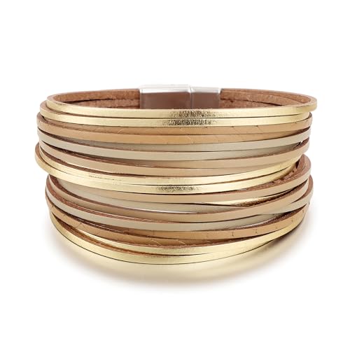 Edoneery Women's Boho Leather Layered Cuff Wrap Bracelet 19.5cm