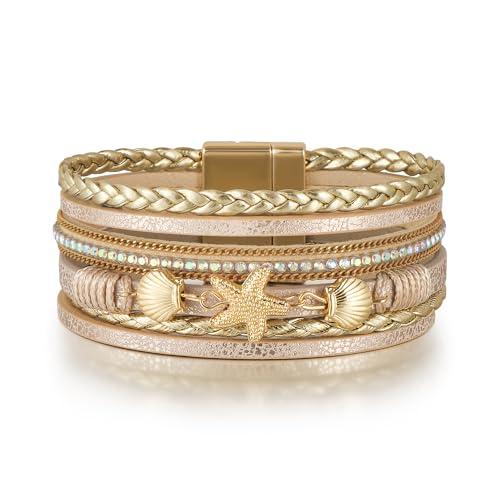 Edoneery Women's Boho Leather Layered Cuff Wrap Bracelet 19.5cm