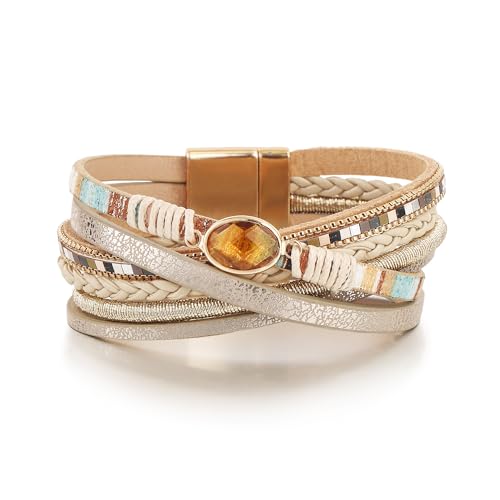 Edoneery Women's Boho Leather Layered Cuff Wrap Bracelet 19.5cm