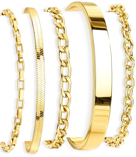 Poxtex Women's 14K Gold Plated Stackable Link Bracelet Set