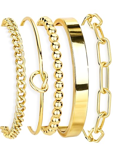 Gokeey Women's 14K Gold Plated Stackable Cuff Bracelet Set