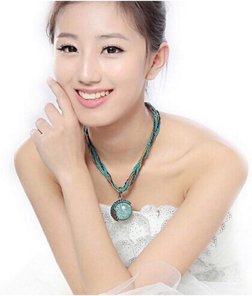 Harlorki Women's Retro Turquoise Rhinestone Pendant Necklace
