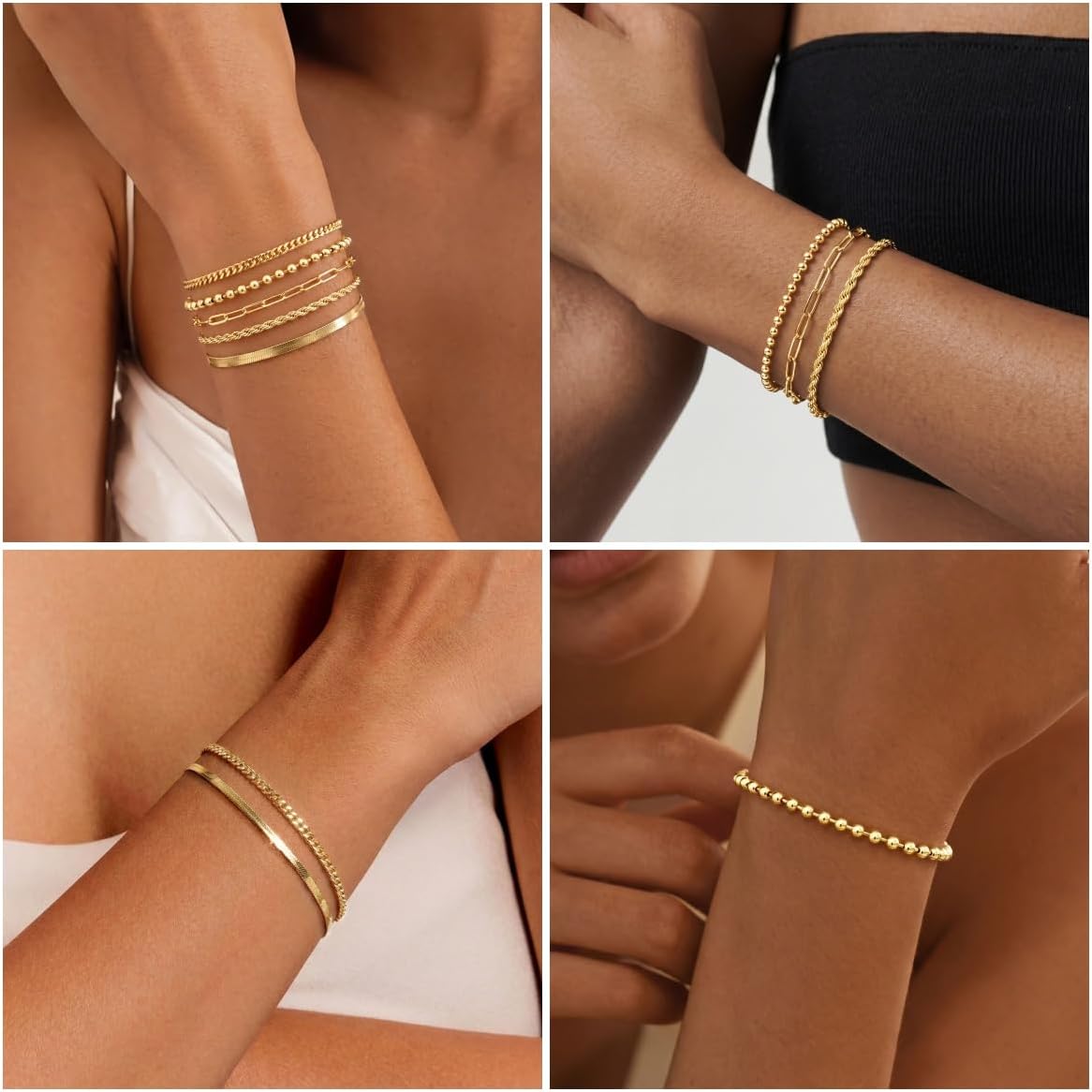 Poxtex Women's 14K Gold Plated Stackable Link Bracelet Set