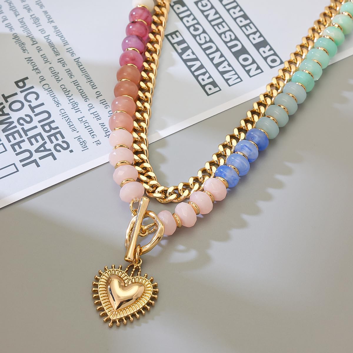 Layered Necklaces for Women, Colorful Acrylic Beads & Heart Pendant