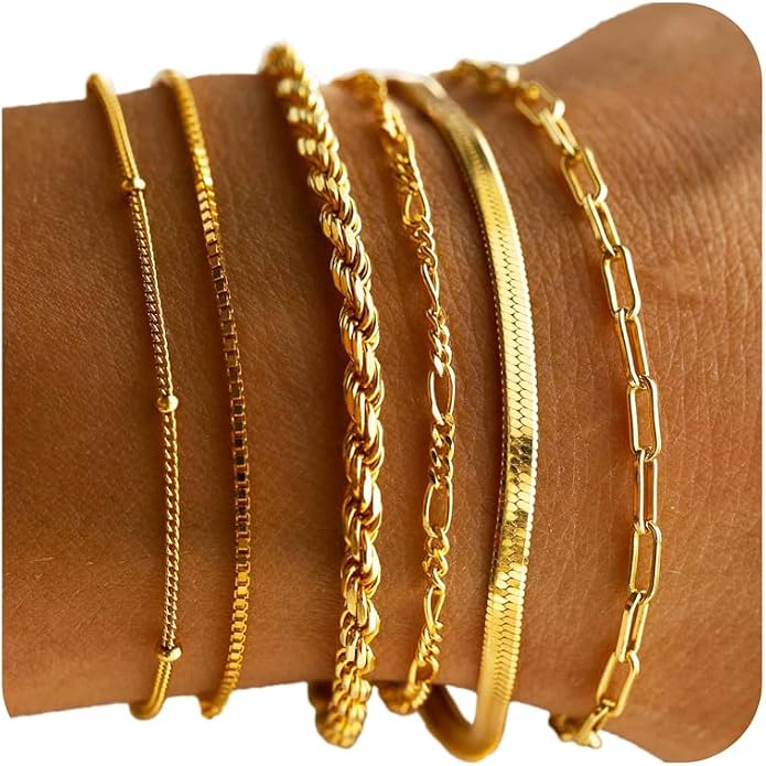 DEARMAY Women's 14K Gold Plated Chain Bracelet Set