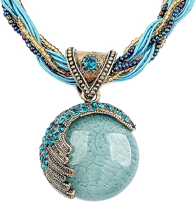 Harlorki Women's Retro Turquoise Rhinestone Pendant Necklace