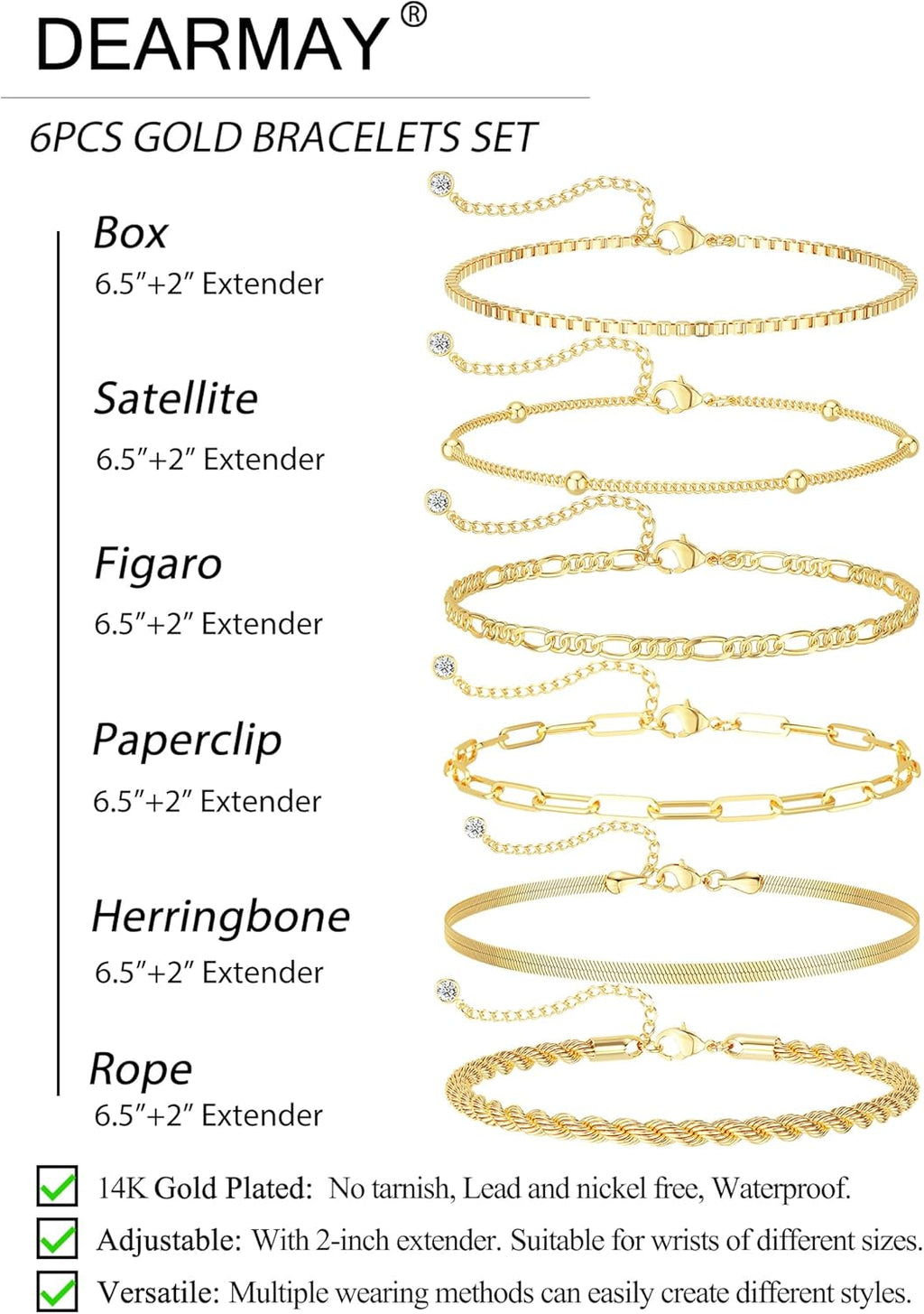 DEARMAY Women's 14K Gold Plated Chain Bracelet Set