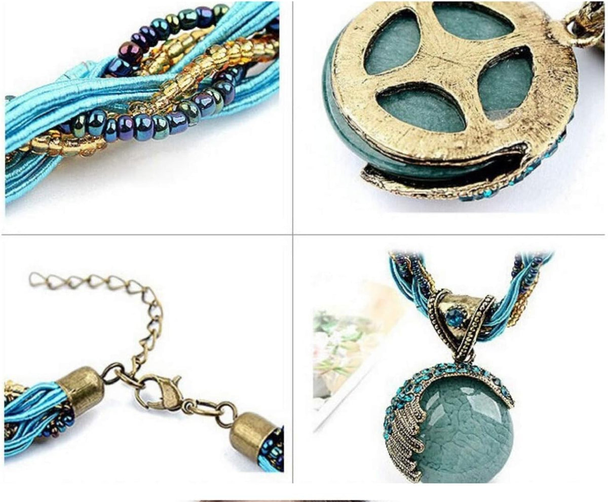 Harlorki Women's Retro Turquoise Rhinestone Pendant Necklace