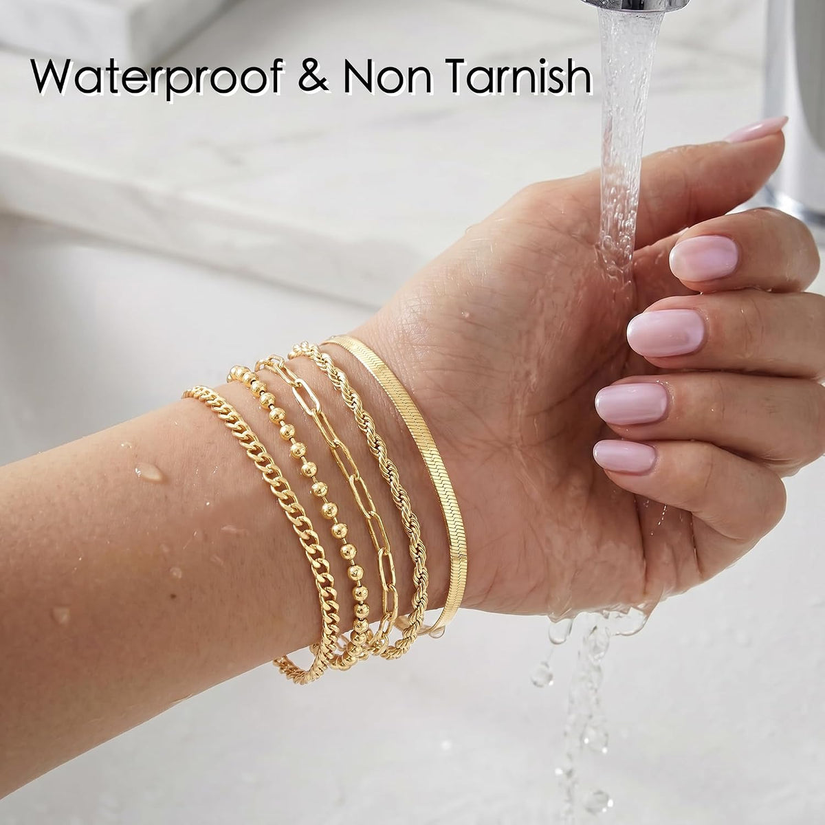 Poxtex Women's 14K Gold Plated Stackable Link Bracelet Set