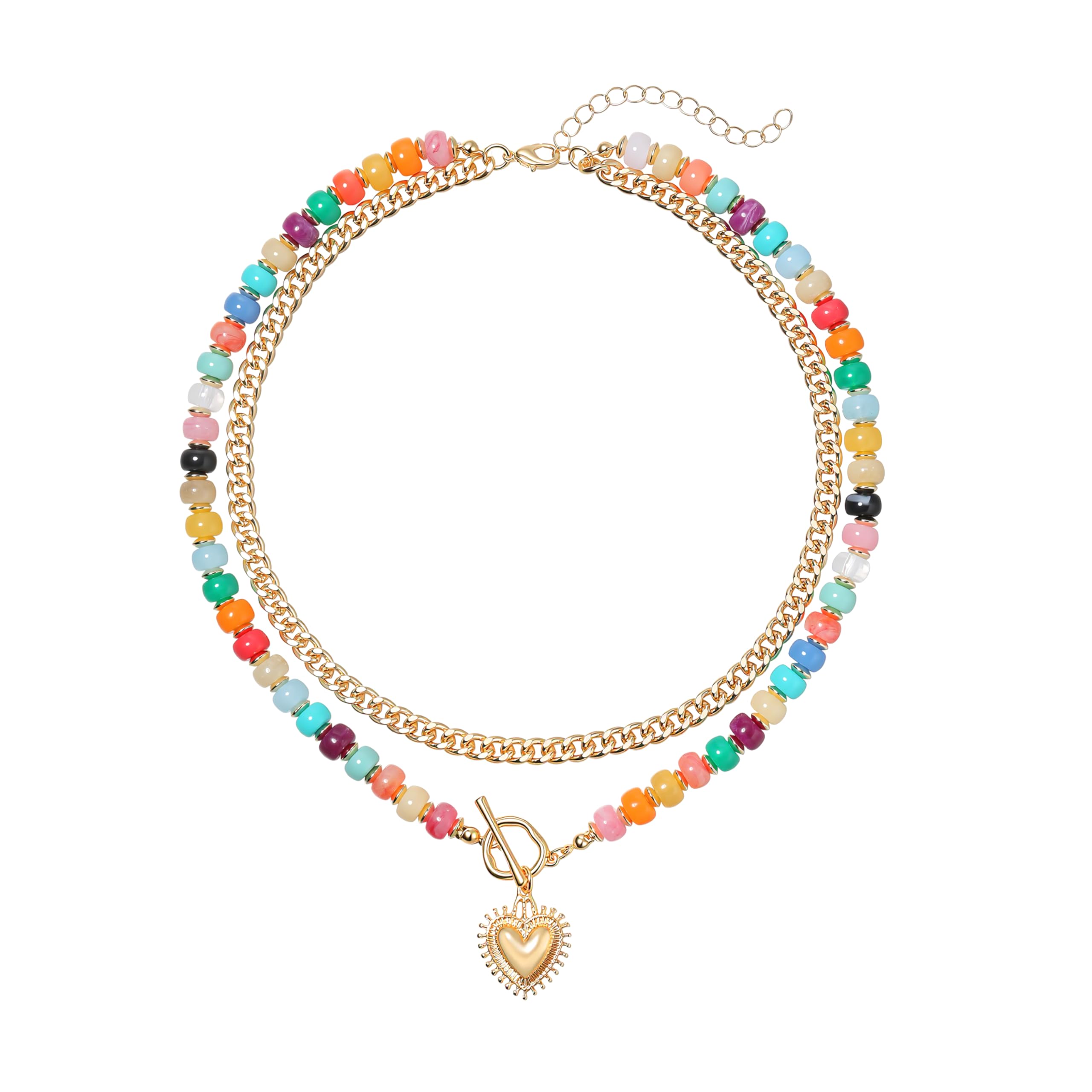 Layered Necklaces for Women, Colorful Acrylic Beads & Heart Pendant