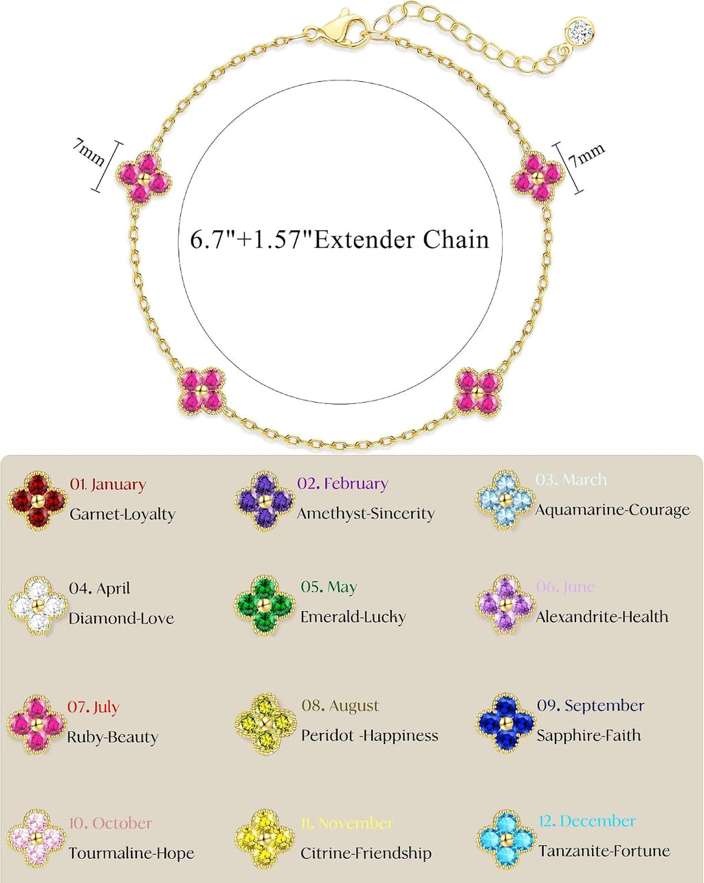 KELAIEN Women's Gold Birthstone Clover Bracelet