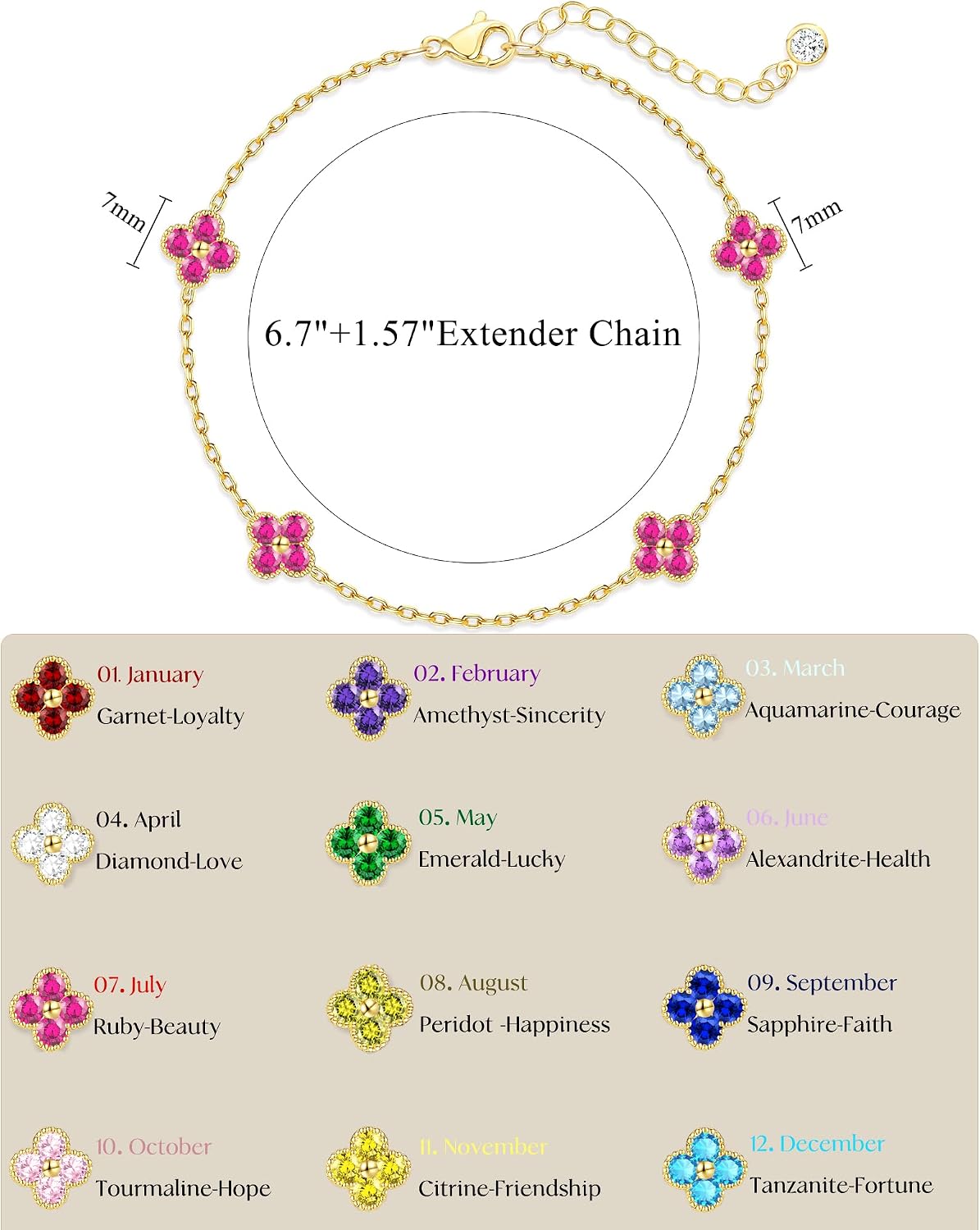 KELAIEN Women's Gold Birthstone Clover Bracelet
