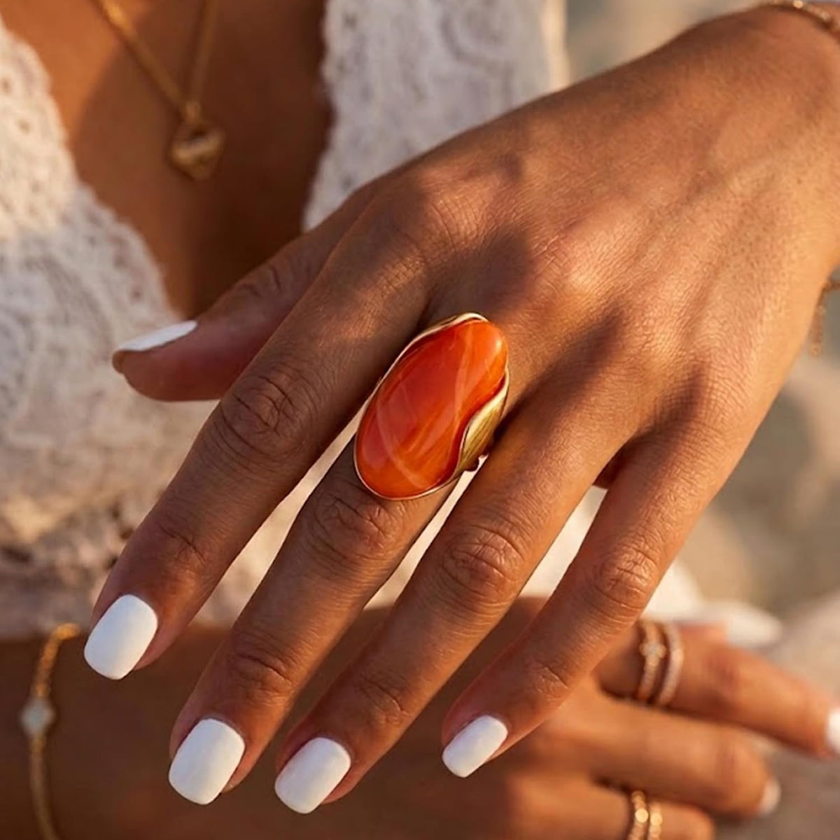Mchic Women's Chunky Oval Resin Statement Ring