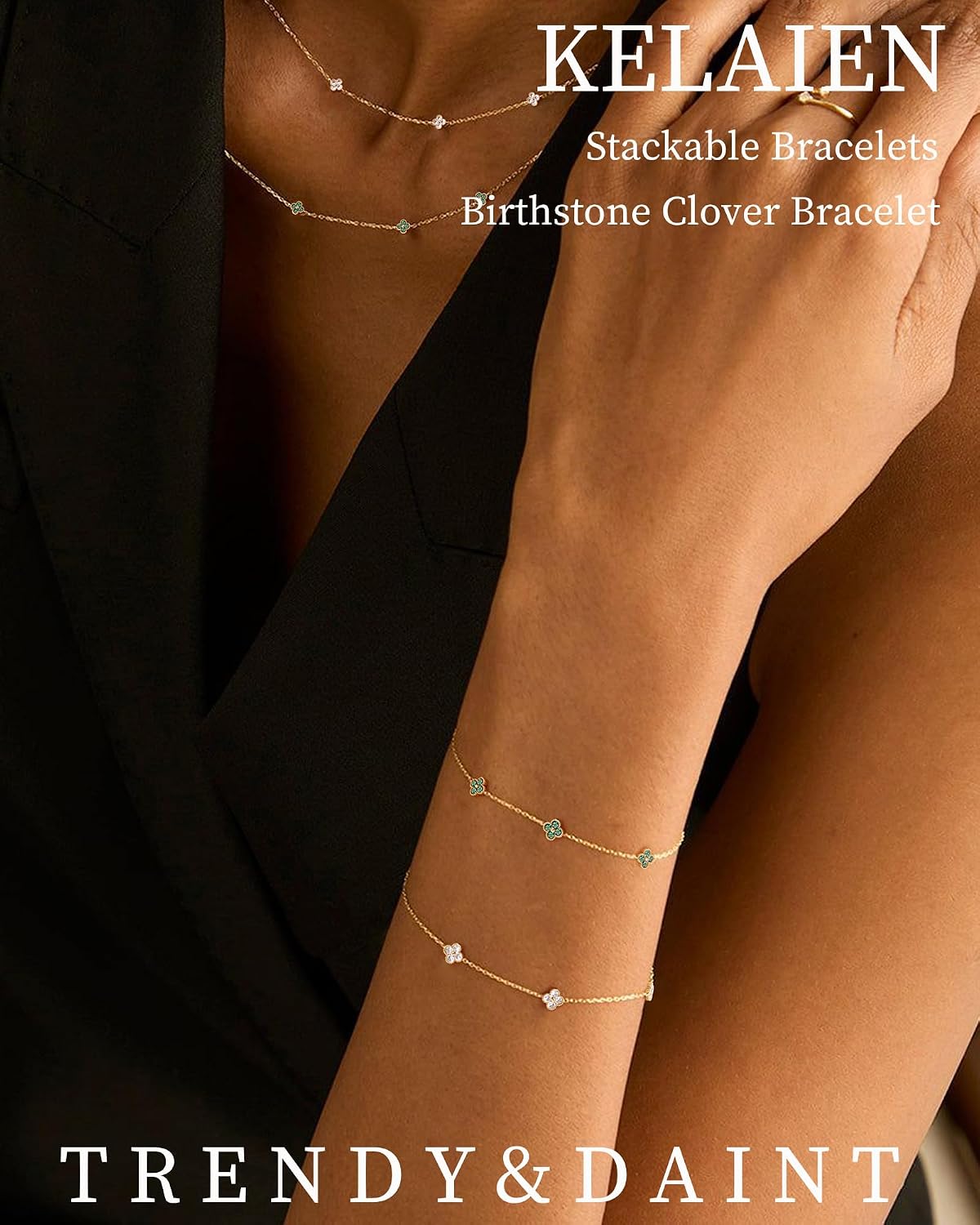 KELAIEN Women's Gold Birthstone Clover Bracelet