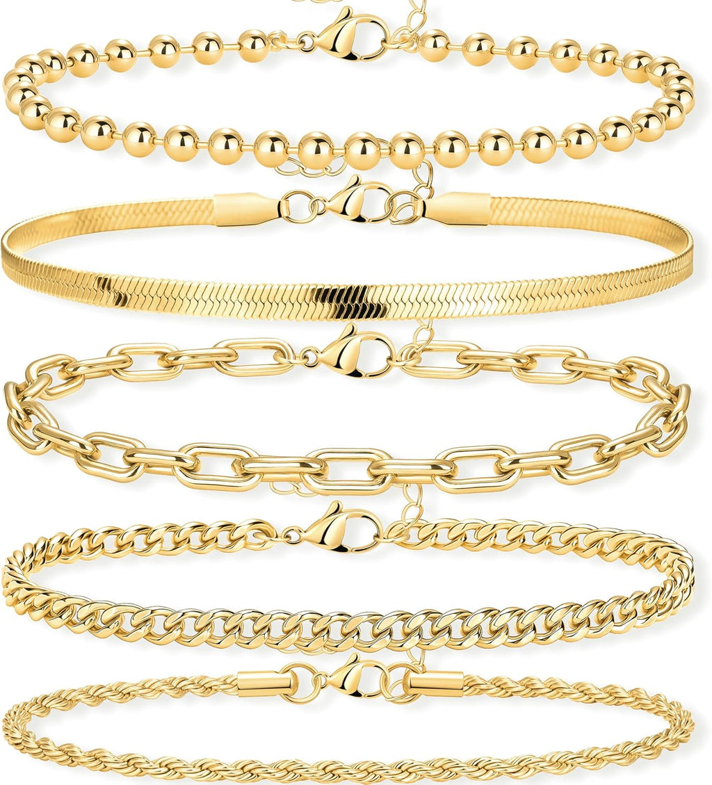 Poxtex Women's 14K Gold Plated Stackable Link Bracelet Set