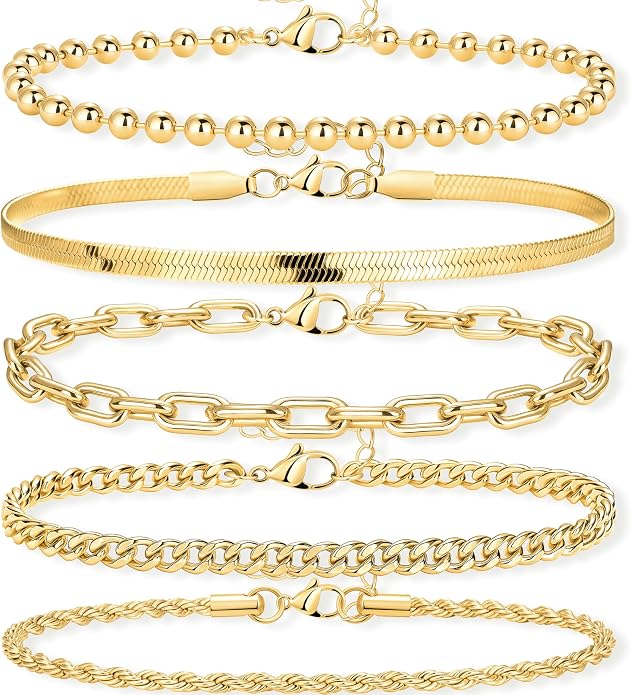 Poxtex Women's 14K Gold Plated Stackable Link Bracelet Set