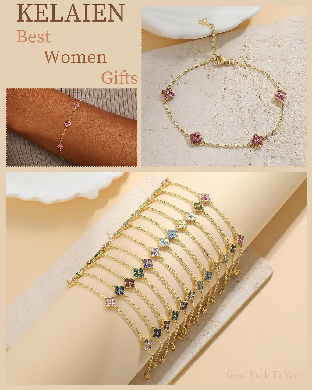 KELAIEN Women's Gold Birthstone Clover Bracelet