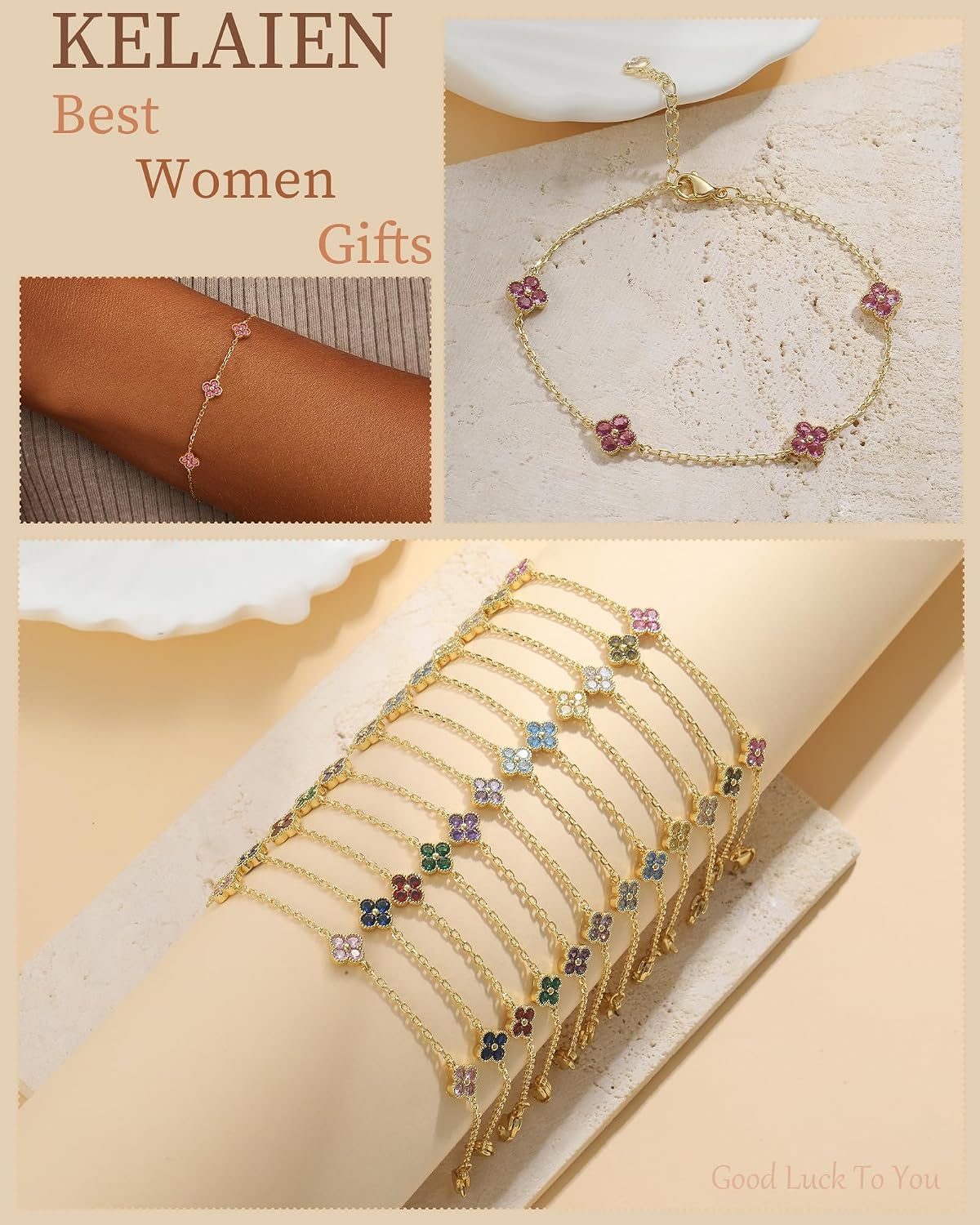 KELAIEN Women's Gold Birthstone Clover Bracelet