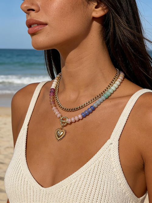 Layered Necklaces for Women, Colorful Acrylic Beads & Heart Pendant