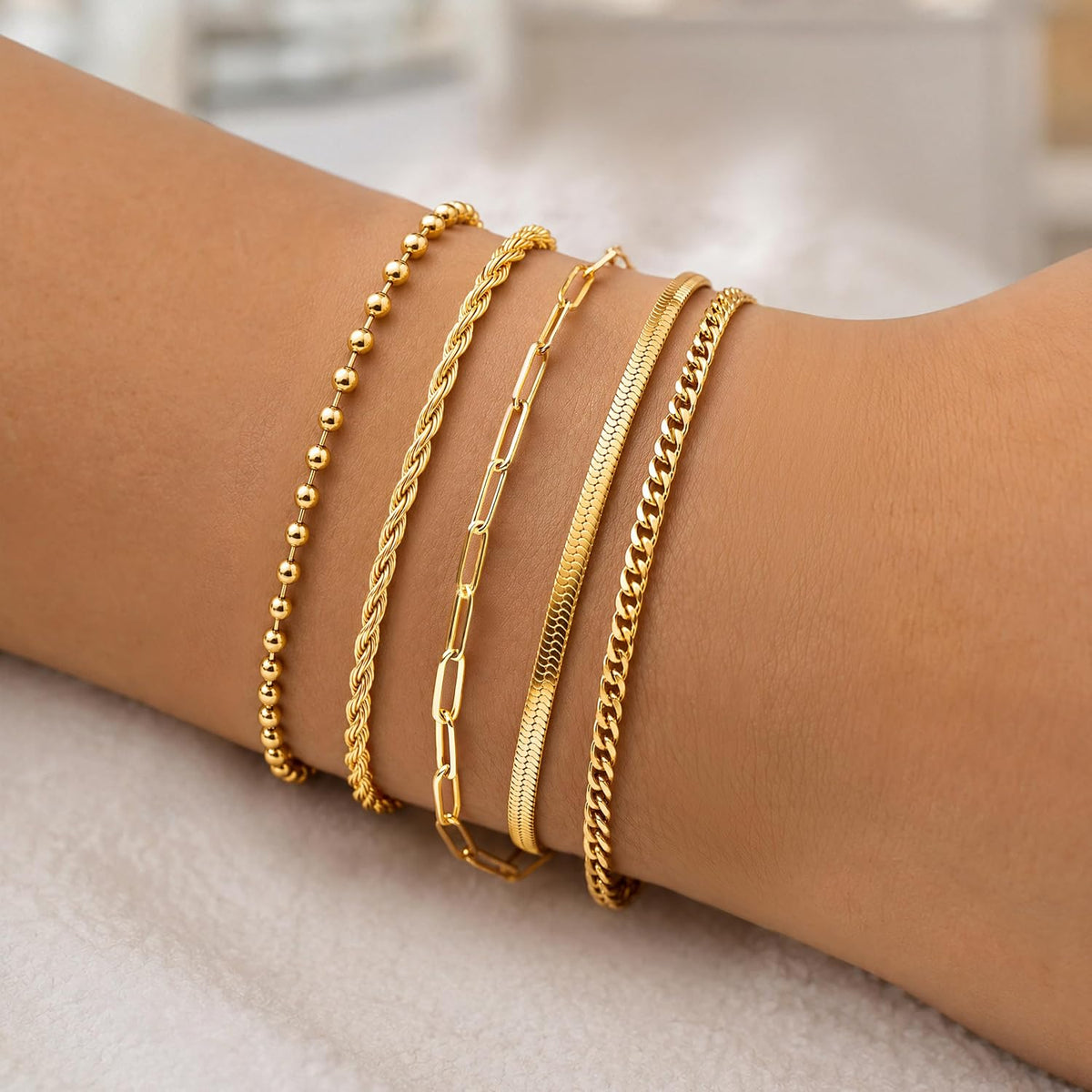 Poxtex Women's 14K Gold Plated Stackable Link Bracelet Set