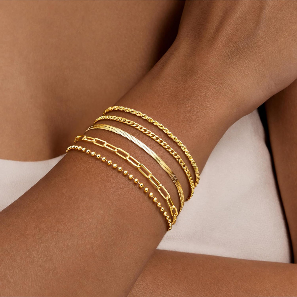 Poxtex Women's 14K Gold Plated Stackable Link Bracelet Set
