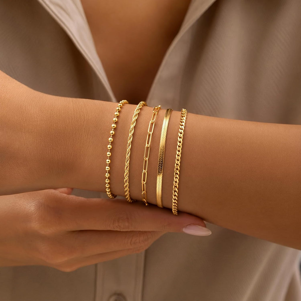 Poxtex Women's 14K Gold Plated Stackable Link Bracelet Set