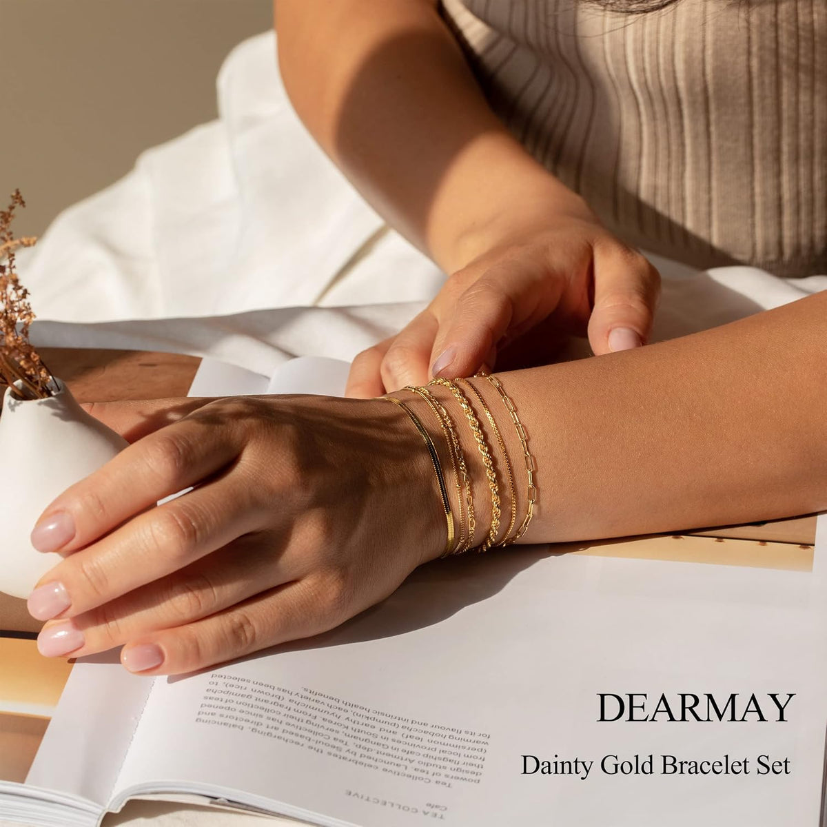 DEARMAY Women's 14K Gold Plated Chain Bracelet Set