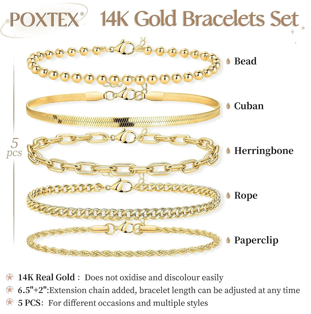 Poxtex Women's 14K Gold Plated Stackable Link Bracelet Set