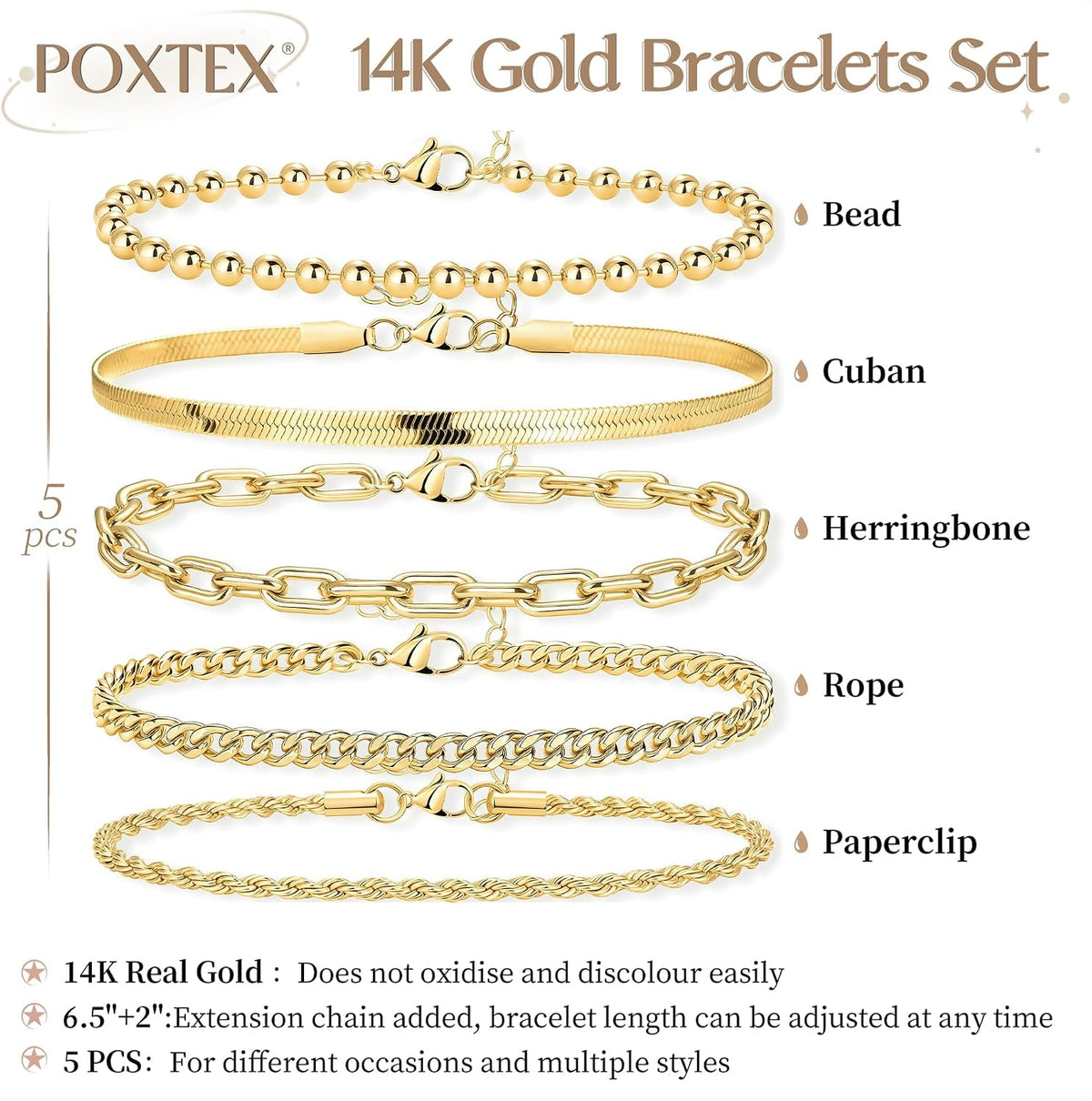 Poxtex Women's 14K Gold Plated Stackable Link Bracelet Set