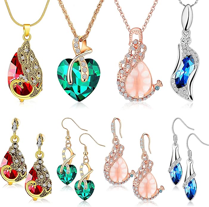 MTLEE Women's Peacock Crystal Necklace and Earring Set