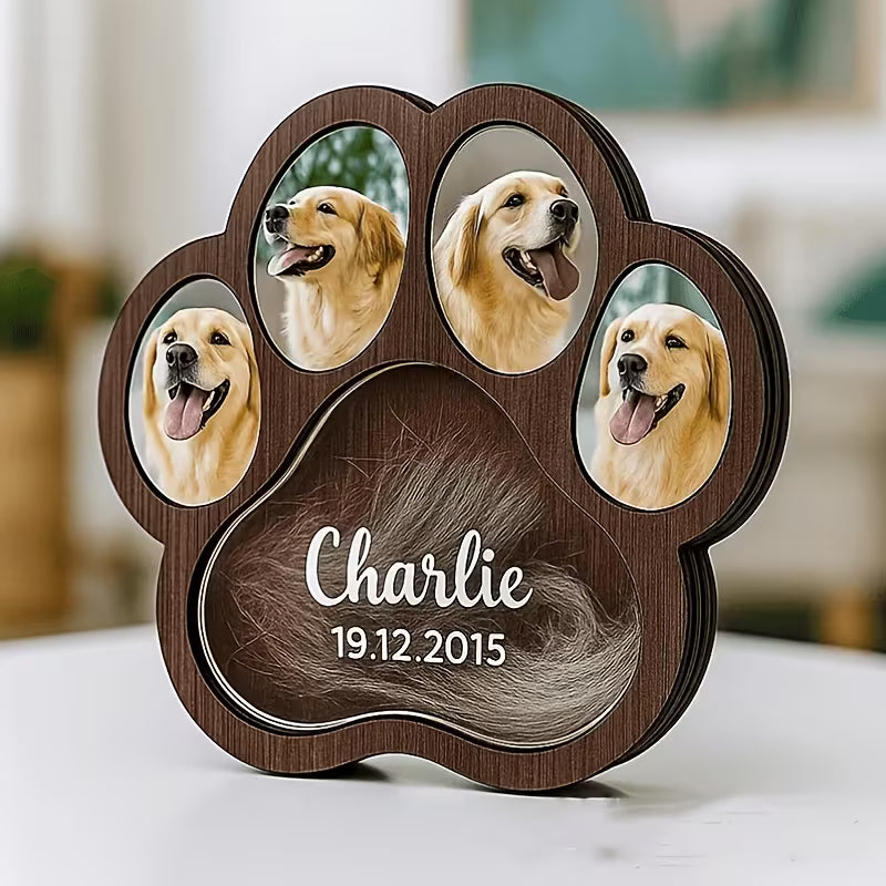 Beautiful personalised dog memory photo frame and hair keeper